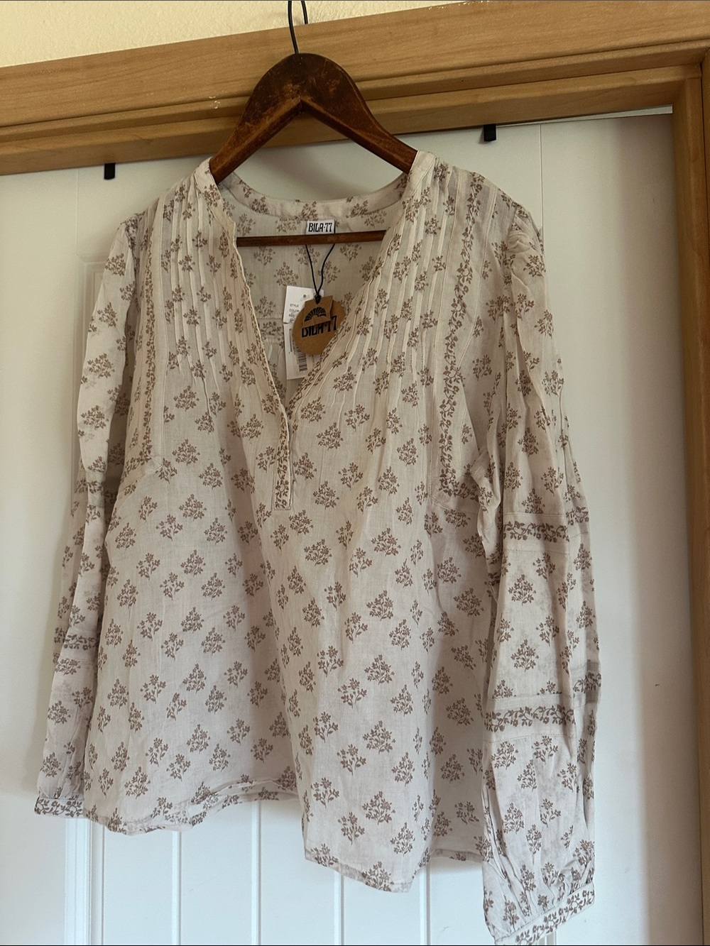 Bila Cream Tunic with Brown Floral Pintuck Front